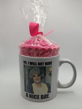 20 Oz White Novelty Mug, "No I Will Not Have A Nice Day", Pink Gift Topper